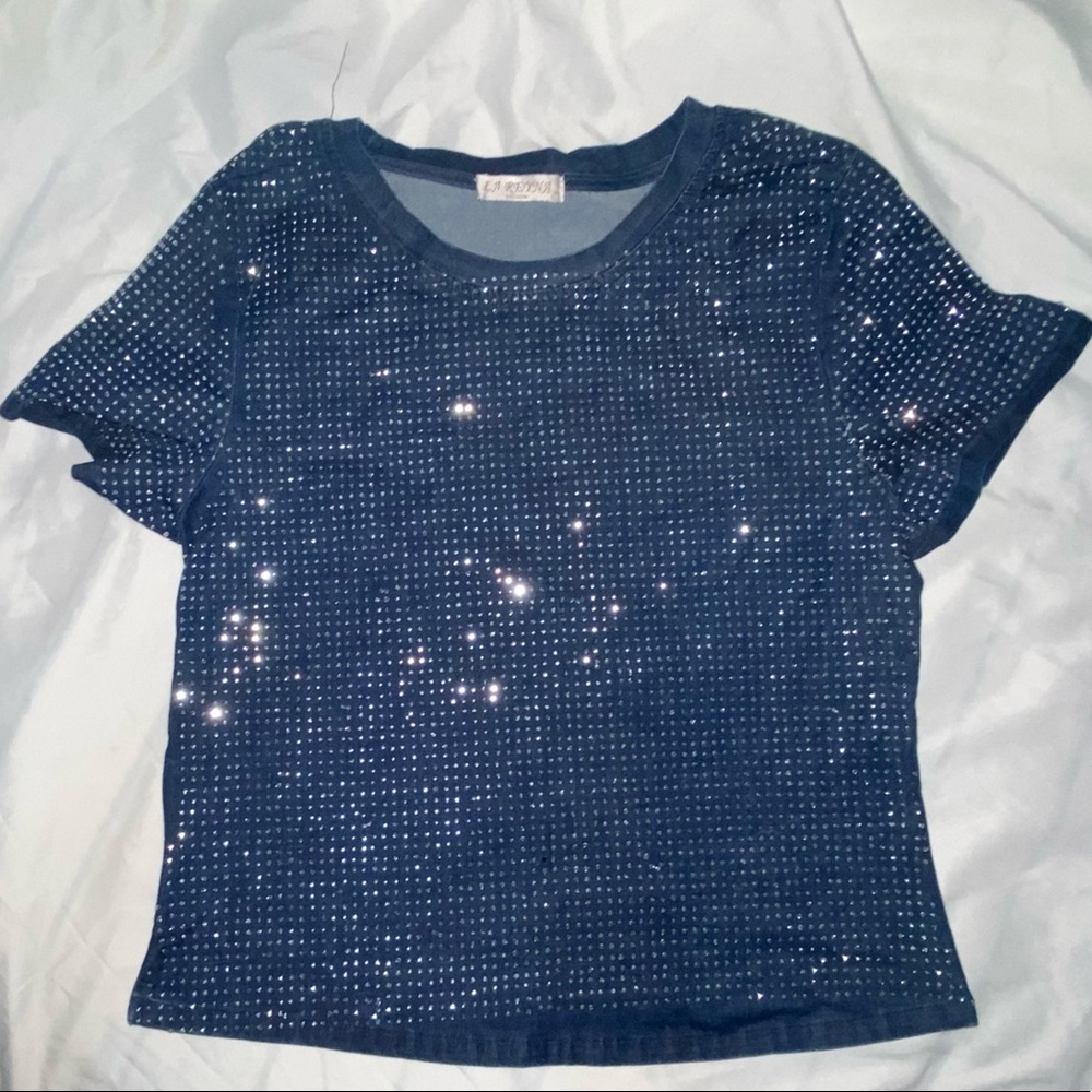 Bodycon stretchy fit jean rhinestone top